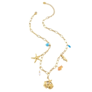 Gold ocean themed necklace with starfish shell charms and pearls on white background