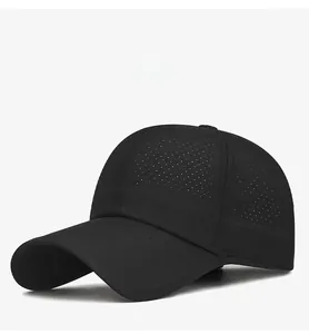 Side view of black mesh baseball cap showing breathable quick-dry fabric texture
