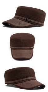 Three-view display of brown military flat top cap with leather brim and star stitching