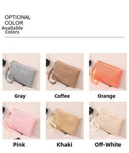 Collection of straw wristlet clutches in six colors with metal zipper detail