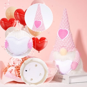 Close-up of Valentine's gnome lighting details, plush hat, and bottom battery compartment