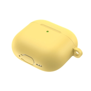 Detail view of yellow silicone case for AirPods 4 showing precise side lanyard hole design