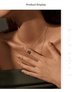 Detail of a square blue gemstone pendant on a gold chain worn by a female model