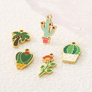 Colorful enamel plant pendants with gold plating featuring cactus and palm tree designs