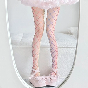 Rainbow gradient fishnet stockings with large mesh pattern and sparkling rhinestones
