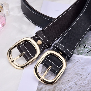 Women's black leather belts with golden D-shaped buckles and white contrast stitching
