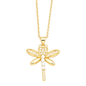 Minimalist gold dragonfly pendant necklace with white pearls and sparkling crystals