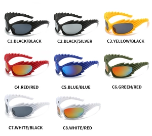 Detailed grid view showcasing eight color variations of wrap-around sporty sunglasses