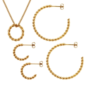 Golden twisted rope chain necklace and hoop earrings jewelry set on white background