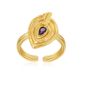Adjustable gold feather ring with a purple teardrop zircon stone on white background