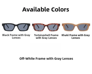 Detail showing four rectangular sunglasses in black, tortoiseshell, khaki, and cream colors