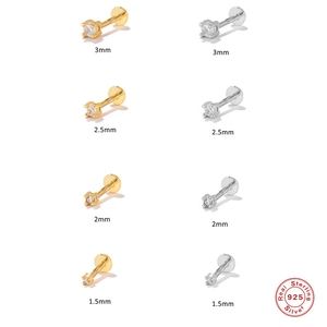 925 Sterling Silver Cubic Zirconia Labret Stud Cartilage Earring Prong Setting Flat Back Piercing Jewelry For Women