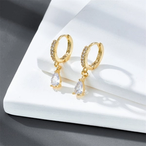 Pear Cut Cubic Zirconia Drop Earrings 14K Gold Plated Brass Huggie Hoop Waterdrop Pendant Elegant Fashion Women