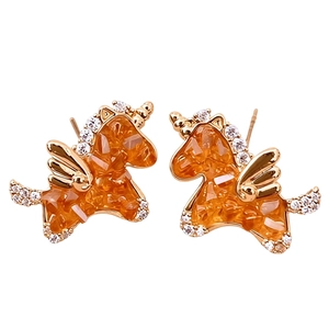 Luxurious gold unicorn stud earrings with orange faceted crystal and zircon accents