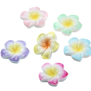 Detail view of colorful resin plumeria flowers for DIY hair clips and phone accessories