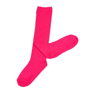 Detail of bright pink knitted knee-high socks showing soft texture and ribbed cuffs