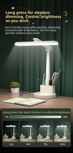 Detail showing white LED desk lamp base with pen holder and 5%-100% dimming control