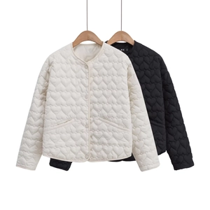 Women's crew neck quilted jacket featuring sweet heart-shaped stitching and button front