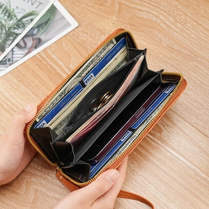 Brown lychee leather long zip wallet with multi-card slots and smartphone compartment