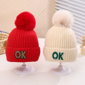 Kids Winter Knitted Beanie Hat With Large Pom Pom Acrylic Fleece Lined Warm Thick Knit Cap OK Letter Patch Boys Girls