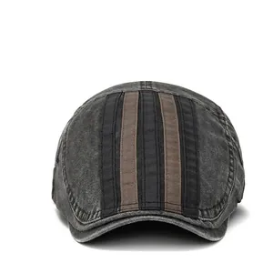 Vintage dark grey washed cotton newsboy hat with brown stripes and 10cm depth