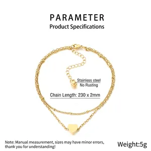 Detailansicht der doppellagigen Herz-Fußkette aus Edelstahl mit 230mm Länge und Produktdaten