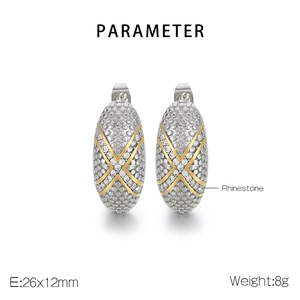Detail view of gold and silver tone earrings with rhinestones and 26x12mm dimensions