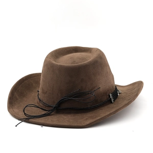 Close-up of deep brown suede cowboy hat with black braided band and metal details