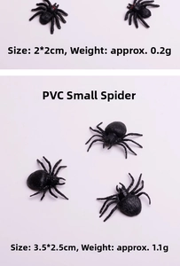 Detailed view of PVC spider prank toys showing size specs 2x2cm and 3.5x2.5cm dimensions