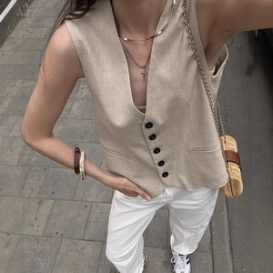 Women's casual linen-cotton beige vest set with V-neck sleeveless button-down design