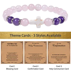 Bracelet de perles en cristal rose et violet de 8mm avec croix et carte religieuse