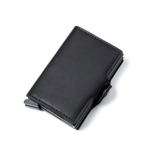 Close-up of black PU leather wallet with automatic aluminum pop-up card mechanism