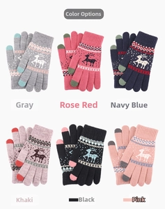 Close-up of assorted knit gloves featuring reindeer and snowflake jacquard patterns