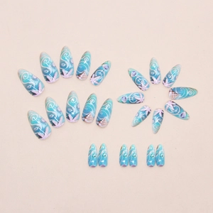 Deep blue ocean theme press on nails with 3D seashells and starfish, 24 piece set
