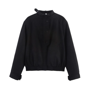 Women's loose black jacket with button decoration and elastic hem standing collar