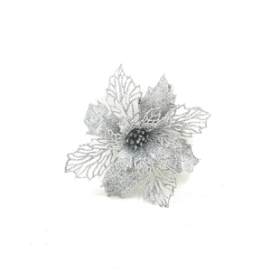 Close-up of a silver glitter poinsettia with hollowed-out petals for Christmas tree decor