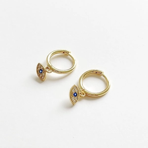 S925 sterling silver gold hoop earrings featuring evil eye charms with blue and white zircons