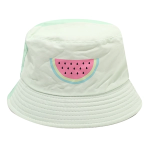 Detail of mint green children bucket hat with colorful watermelon print and neat stitching