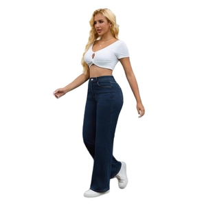 Women's high waist wide leg denim jeans in dark blue wash for a retro minimalist look