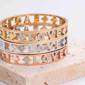 Minimalist LOVE heart geometric cutout bracelets in gold, silver and rose gold finishes