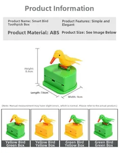 Detail view of bird-shaped automatic toothpick dispenser with size specs and colors