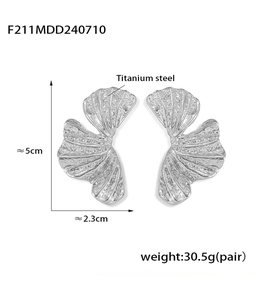 Detailed silver titanium steel earrings with multi-layered textured petal design