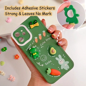 DIY green cartoon phone case with 3D resin stickers featuring frogs and cute avocados