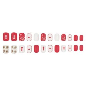 Christmas press-on nails set with red and white reindeer, snowflake, and tree patterns