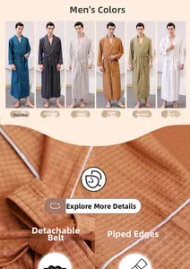 Detail of waffle fabric texture and piping design on men's long robe with waist belt