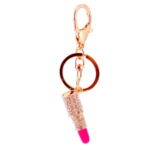 Rhinestone lipstick keychain with rose gold finish and pink crystal detailing