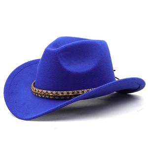 Close-up of royal blue felt fedora featuring a braided band with wooden beads details