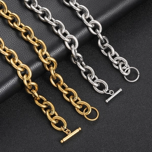 Gold and silver stainless steel 12mm O-chain necklaces with T-bar clasps on leather