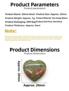 Detail view of 20mm unakite heart stone showing dimensions, weight, and natural texture