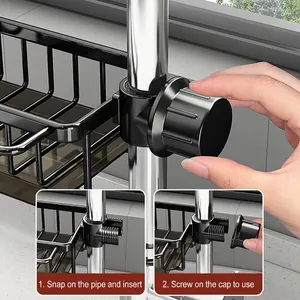 360-degree rotating kitchen sink faucet storage rack with adjustable draining basket